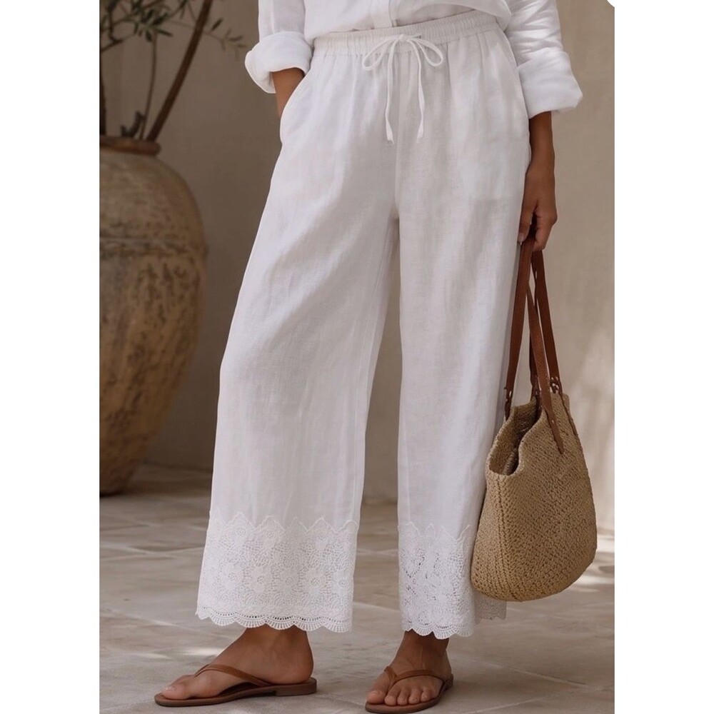 Coastal Boho St. Tropez West Womens M White Linen Crochet Lace Wide Leg Pants